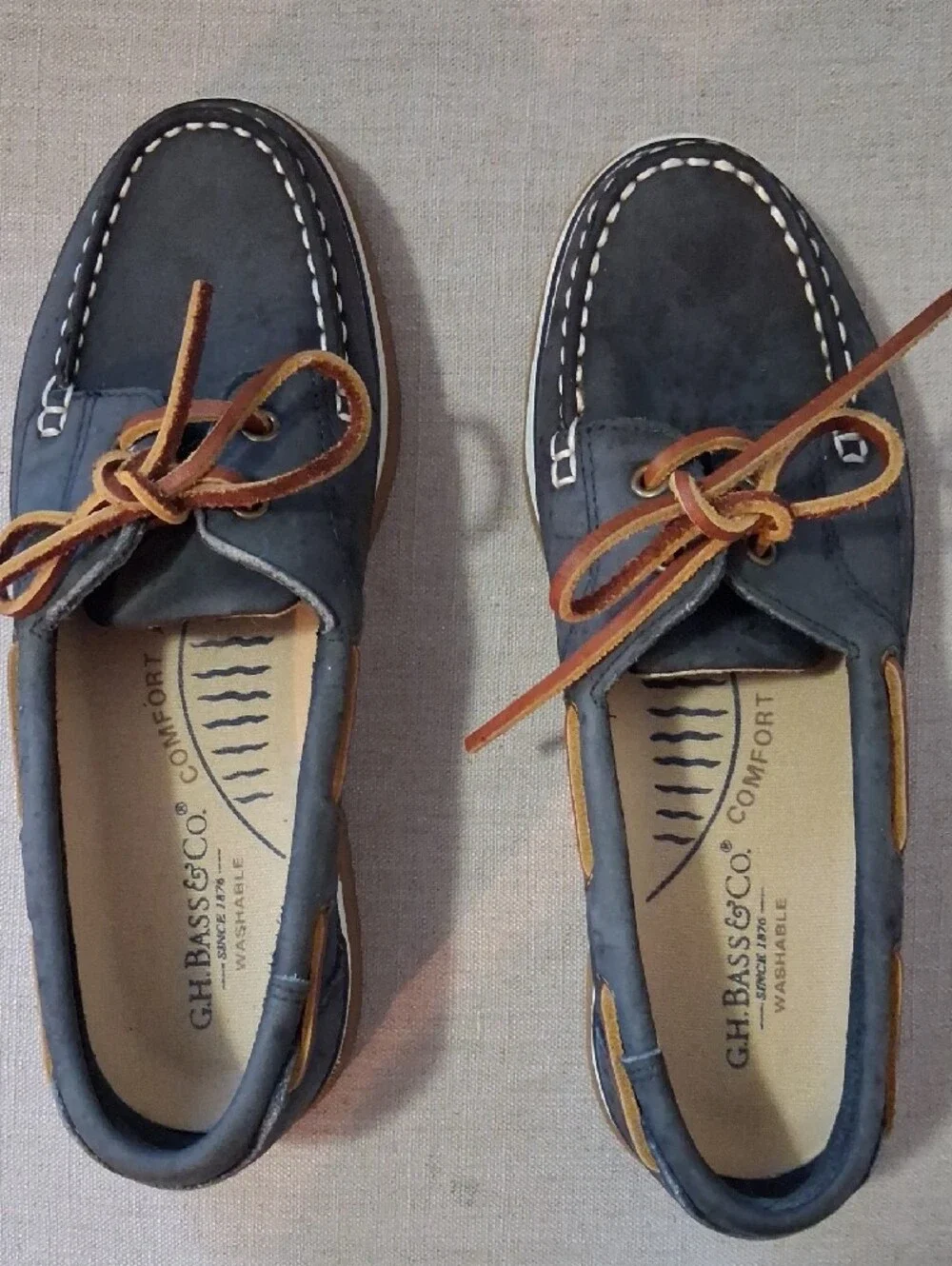 G.H. Bass & Co. Navy Leather Boat Shoes with Tan Laces